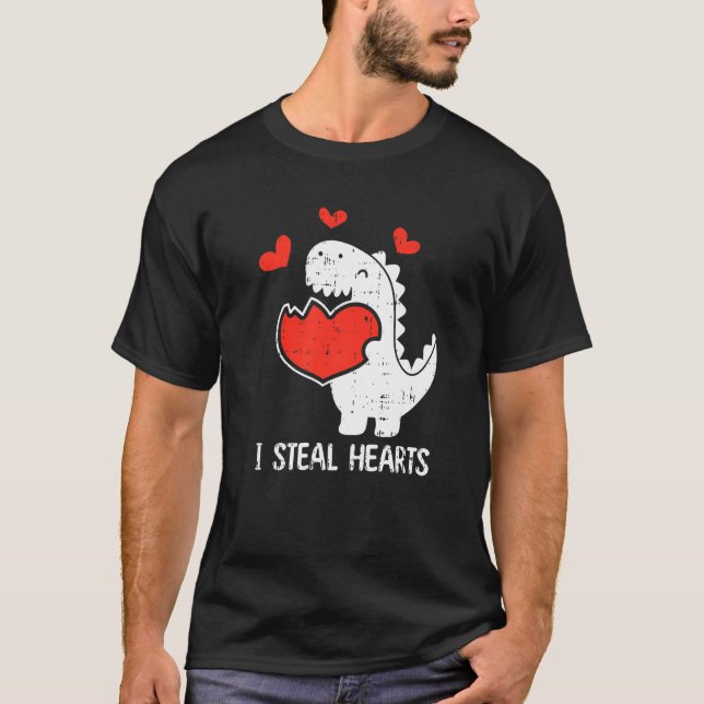 I Steal Hearts Valentines Day Cool T-Rex Dinosaur  T-Shirt (Front)