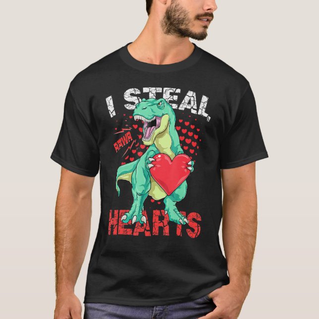 I Steal Hearts Valentines Day Dinosaur Boys Men Lo T-Shirt (Front)