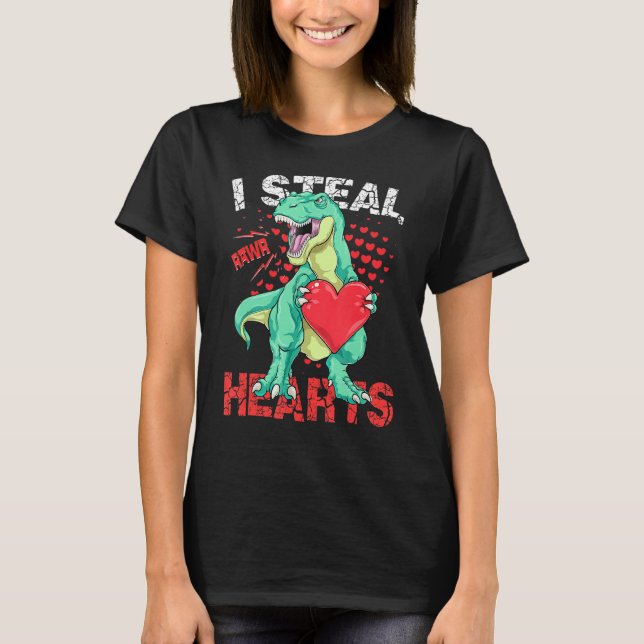 I Steal Hearts Valentines Day Dinosaur Boys Men Lo T-Shirt (Front)