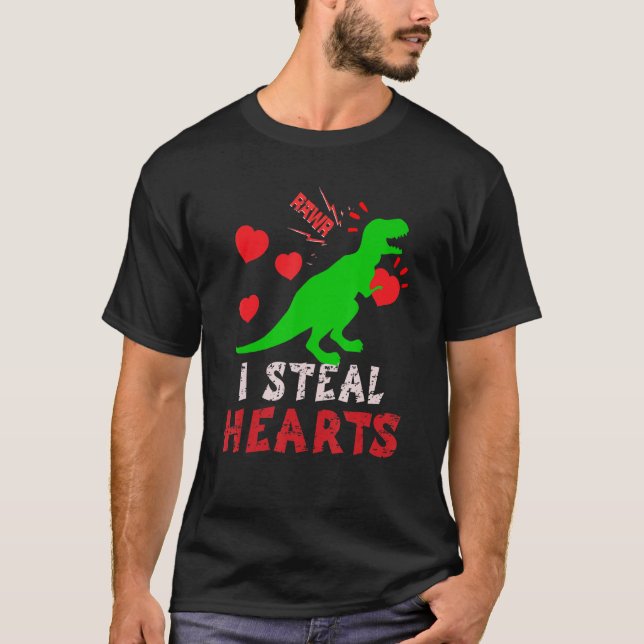 I Steal Hearts Valentines Day Dinosaur Boys Men Lo T-Shirt (Front)
