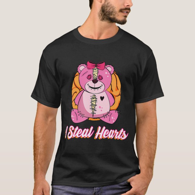 I Steal Hearts Valentines Day Zombie Teddy T-Shirt (Front)