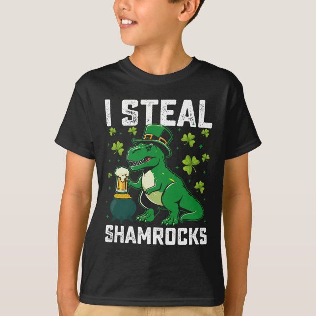I Steal Shamrocks T Rex Dinosaur St Patrick's Day T-Shirt (Front)