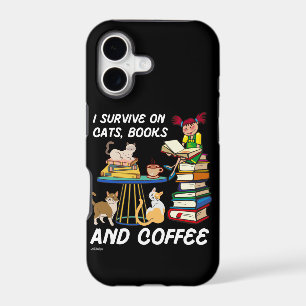 I SURVIVE ON CATS, BOOKS AND COFFEE funny cute cat