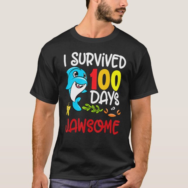 I Survived 100 Days Jawsome Shape Sea Creatures Cu T-Shirt (Front)