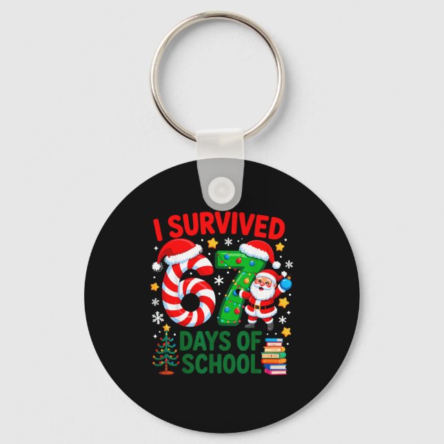 I Survived 67 Days Of School Christmas Candy Cane  Key Ring (Front)