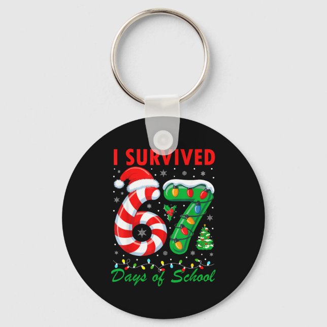 I Survived 67 Days Of School Christmas Candy Cane  Key Ring (Front)