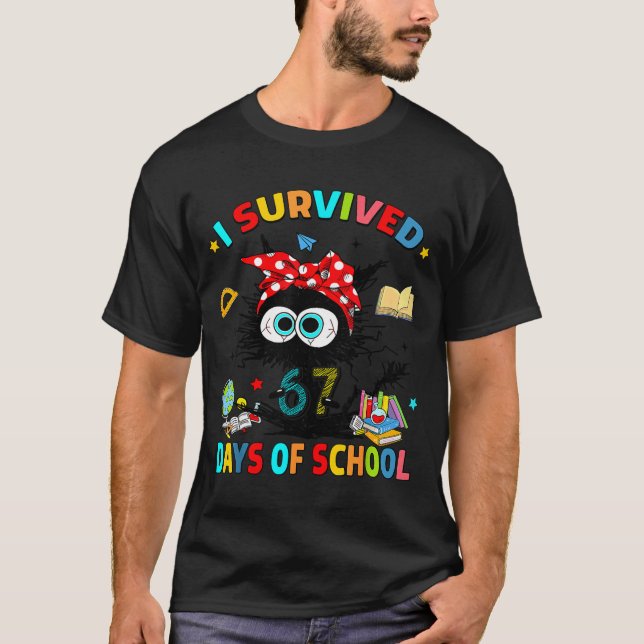 I Survived 67 Days Of School Funny Black Cat Six S T-Shirt (Front)