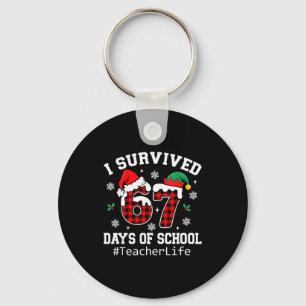 I Survived 67 Days Of School Red Buffalo Plaid Tea Key Ring