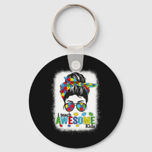 I Teach Awesome Kids Autism Awareness Messy Bun Bl Key Ring