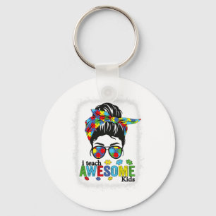 I Teach Awesome Kids Autism Awareness Messy Bun Bl Key Ring
