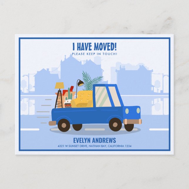 I’ve Moved Blue Car On The Road Moving Announcement Postcard (Front)