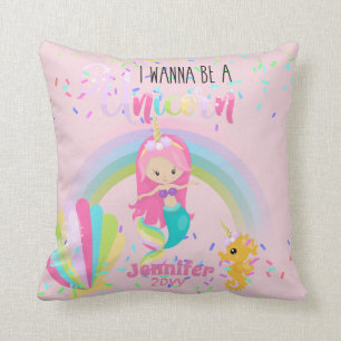 I Wanna Be A Unicorn Pink Gold Mermaid Girls Cushion