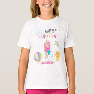 I Wanna Be A Unicorn Pink Gold Mermaid Girls T-Shirt