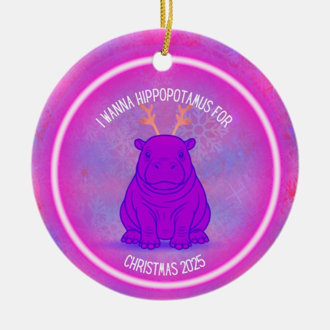 I Wanna Hippopotamus for Christmas - Purple Ceramic Ornament (Front)