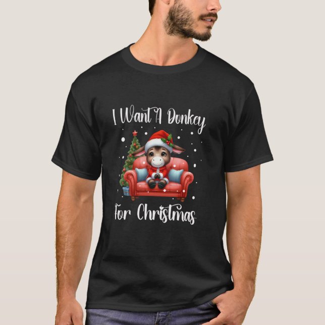 I Want A Donkey For Christmas Santa Hat Funny Xmas T-Shirt (Front)