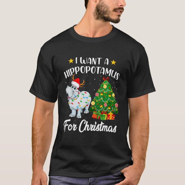I Want A Hippopotamus For Christmas Lights Hippo X T-Shirt (Front)