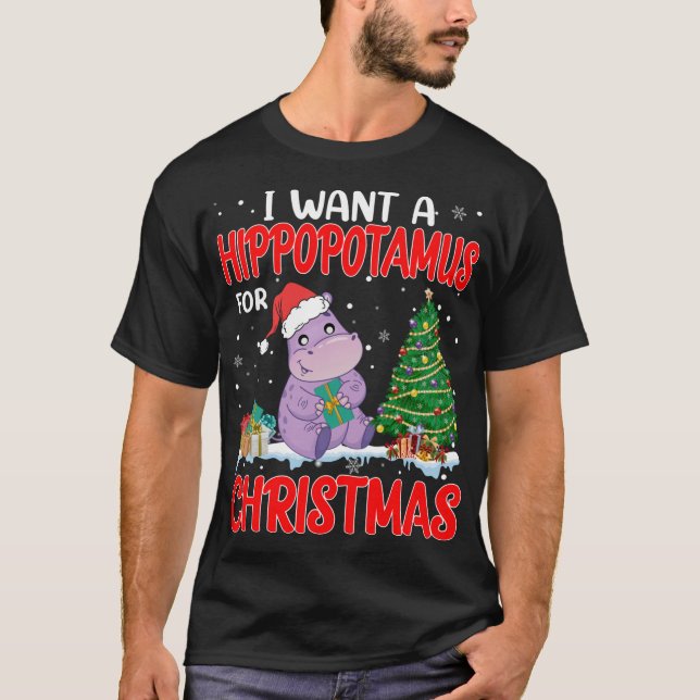 I Want A Hippopotamus For Christmas Lights Hippo X T-Shirt (Front)