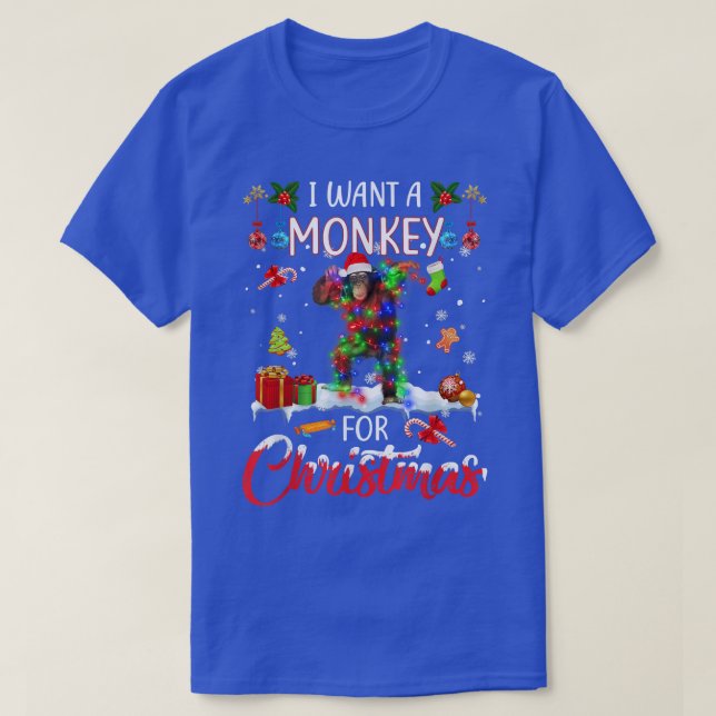 I Want A Monkey For Christmas Xmas Lights Santa Mo T-Shirt (Design Front)