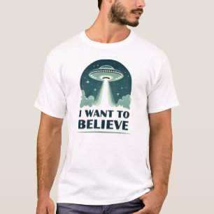 I Want To Believe (Blue UFO) Retro Outer Space T T-Shirt