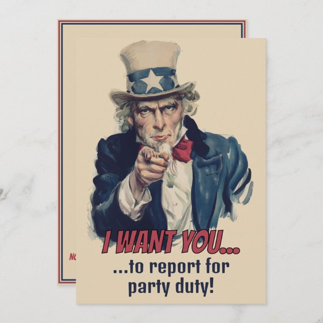 I Want You | Uncle Sam Party Fun Recruitment Invitation (Front/Back)