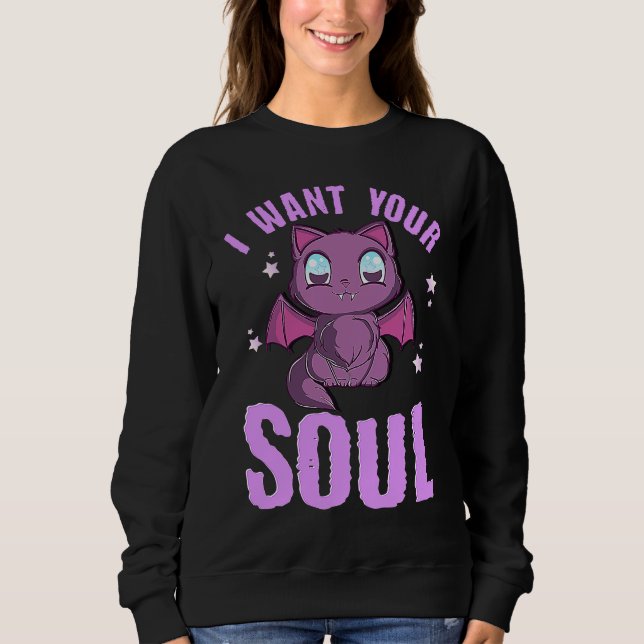 I Want Your Soul Funny Halloween Cute Black Cat Ba Sweatshirt (Front)