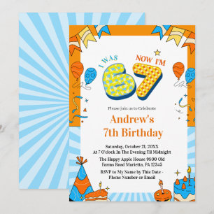 I Was 6 Now I’m 7 Colorful Kids Birthday Party Invitation