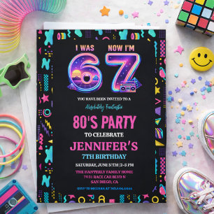 I Was 6 Now I’m 7 Retro Neon 7th Birthday for Kids Invitation