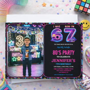 I Was 6 Now I’m 7 Retro Neon 7th Birthday photo Invitation