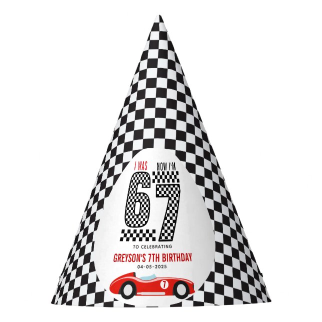 I Was 6 Now I'm 7 Race Car Boy Birthday Party Hat (Front)