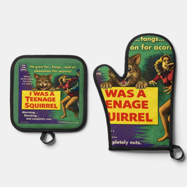 I was a teenage squirrel oven mitt & pot holder set (Front)