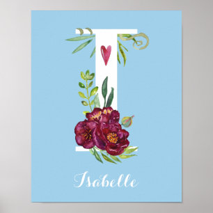 I Watercolor Floral Monogram Custom Nursery Poster