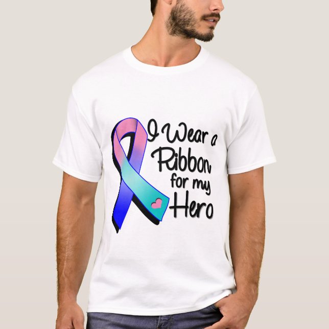 I Wear a Teal Pink and Blue Ribbon For My Hero T-Shirt (Front)