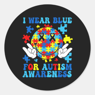 I Wear Blue For Autism Awareness Groovy Retro Smil Classic Round Sticker