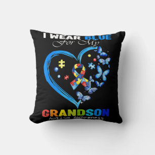 I Wear Blue For My Grandson Autism Awareness Heart Cushion