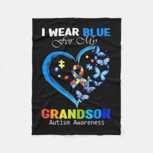 I Wear Blue For My Grandson Autism Awareness Heart Fleece Blanket