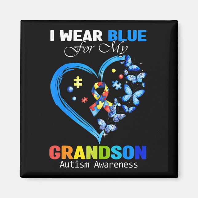 I Wear Blue For My Grandson Autism Awareness Heart Magnet (Front)
