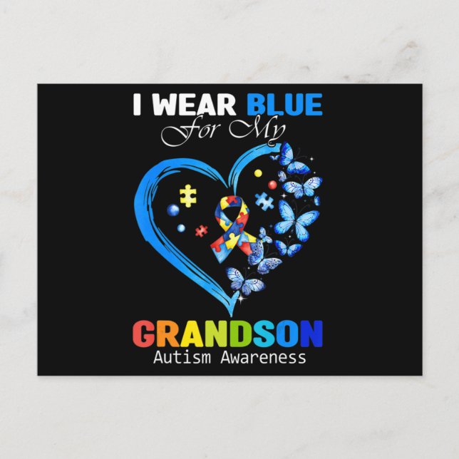 I Wear Blue For My Grandson Autism Awareness Heart Postcard (Front)