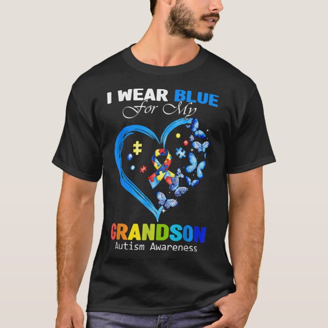 I Wear Blue For My Grandson Autism Awareness Heart T-Shirt (Front)