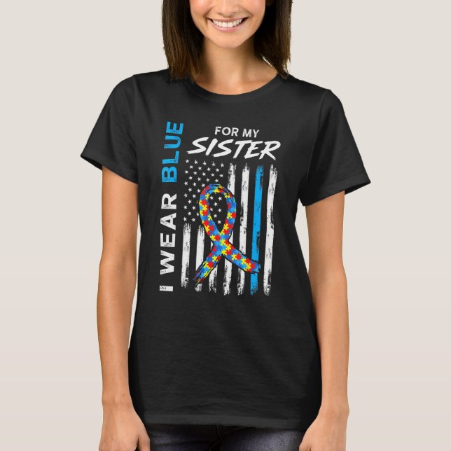 I Wear Blue For My Sister American Flag Ribbon Puz T-Shirt (Front)