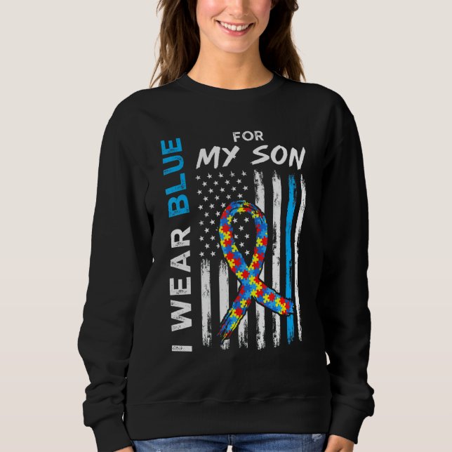I Wear Blue For My Son American Flag Ribbon Puzzle Sweatshirt (Front)