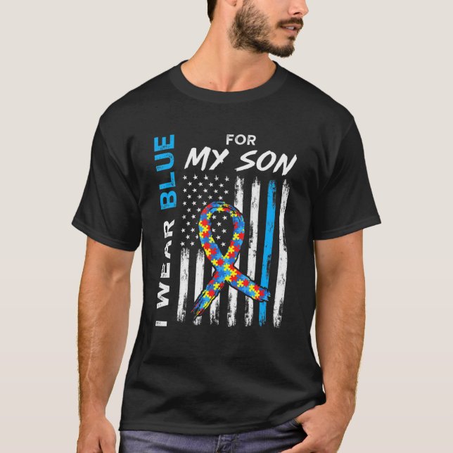 I Wear Blue For My Son American Flag Ribbon Puzzle T-Shirt (Front)