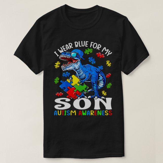 I Wear Blue For My Son Autism Awareness Dinosaur T-Shirt (Design Front)