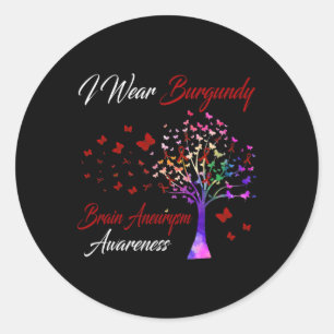 I Wear Burgundy Brain Aneurysm Awareness Tree Ribb Classic Round Sticker