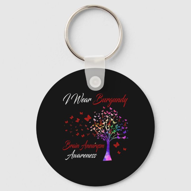 I Wear Burgundy Brain Aneurysm Awareness Tree Ribb Key Ring (Front)