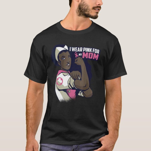 I Wear Pink For My Mum Mama Ribbon Melanin Black Q T-Shirt (Front)