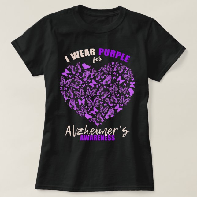 I Wear Purple Butterfly Heart Flower Alzheimer's A T-Shirt (Design Front)