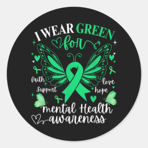 I Wear Ribbon Green Butterfly Heart Mental Health Classic Round Sticker