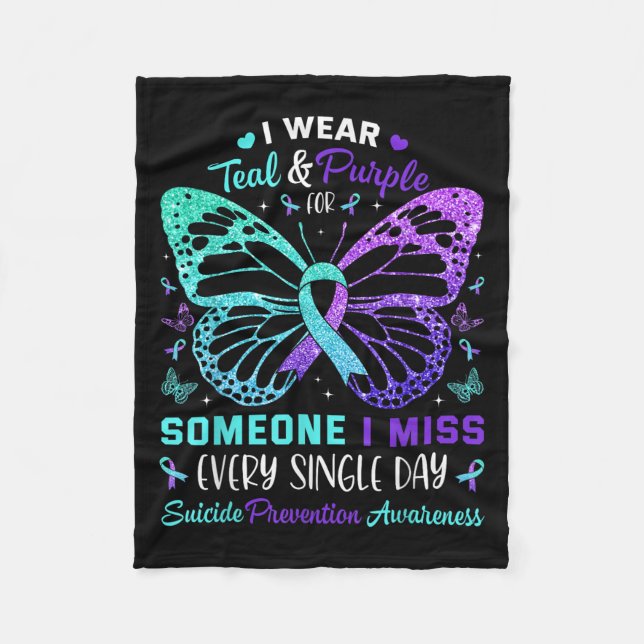 I Wear Teal &amp; Purple Butterfly Suicide Prevent Fleece Blanket (Front)