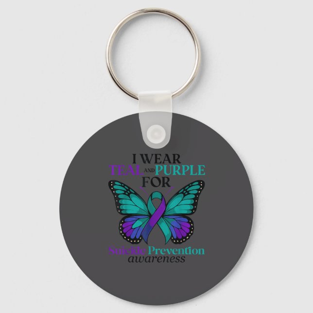 I Wear Teal &amp; Purple Butterfly Suicide Prevent Key Ring (Front)