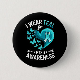 I Wear Teal For Ptsd Awareness Heart Butterfly 6 Cm Round Badge
